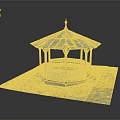 Traditional Octagonal Gazebo With Blue Roof Red Pillars And White Railings On Stone Paved Ground