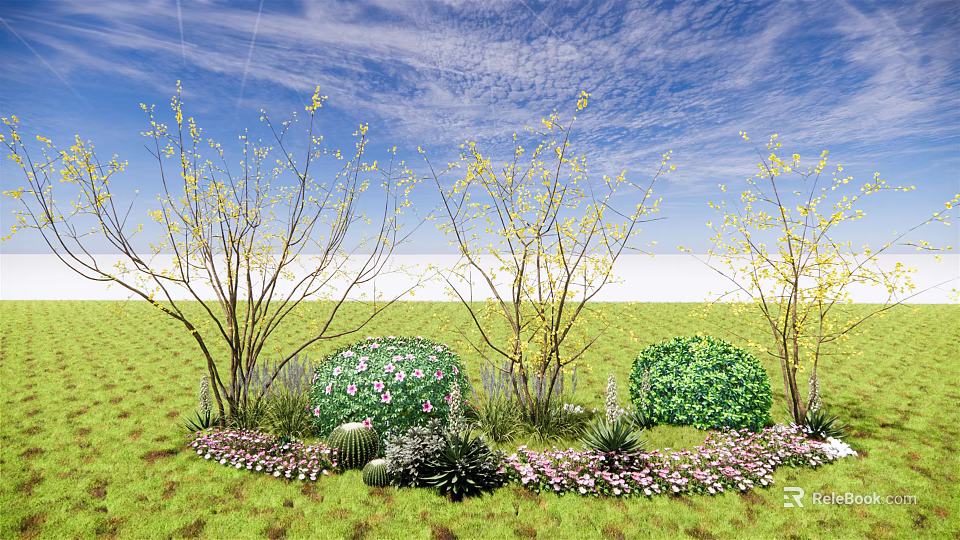 Flowering Trees with Yellow Blossoms Green Shrubs Purple Pink Flowers and Lawn Under Blue Sky 3d model 