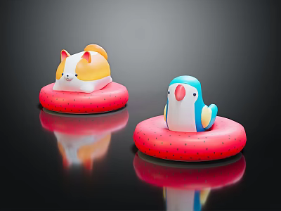 Cute Cat and Parrot Dolls on Pink Dotted Round Bases Against Black Background 3d model