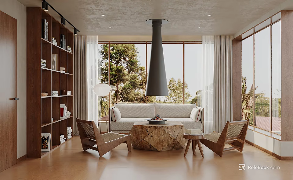 Modern Living Room Interior With Wooden Bookshelves Sofa Coffee Table And Tall Chimney Fireplace 3d model 