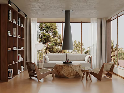 Modern Living Room Interior With Wooden Bookshelves Sofa Coffee Table And Tall Chimney Fireplace 3d model