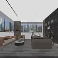 Modern Office Interior Design With Large Windows Sofa Desk And Bookshelves 3d model