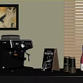 Stylish Home Coffee Machine With Menu Board Coffee Cups And Wooden Blinds