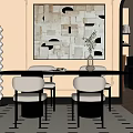 Modern Dining Table Set with Black Rectangular Table White Chairs and Abstract Art 3d model