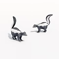 Two Skunks With Black And White Fur And Fluffy Tails On White Background