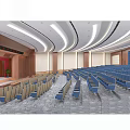 Large Conference Room With Rows Of Seats Stage MAXHUB Screen Ceiling Lighting And Wooden Panels