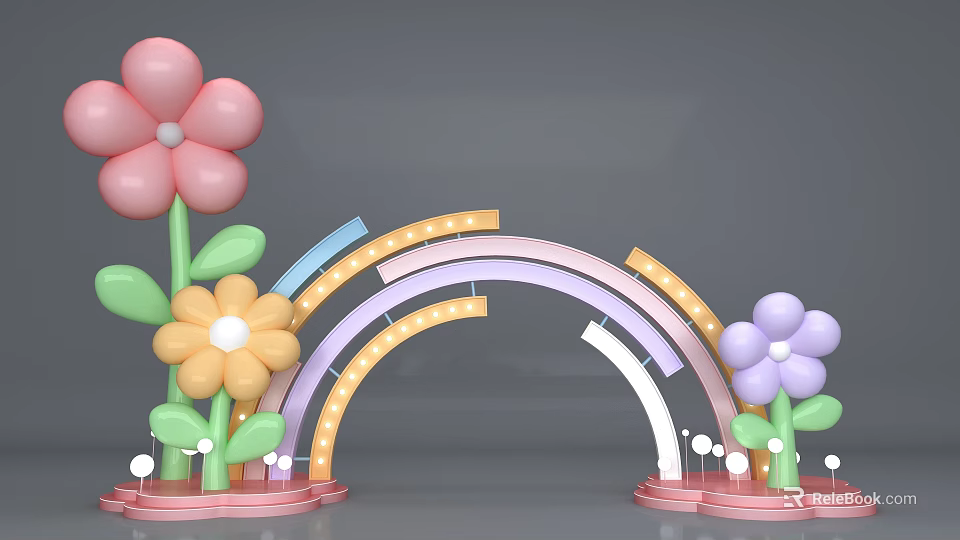 Colorful Event Entrance Arch With Rainbow Design Flowers Lights And Leaves 3d model 