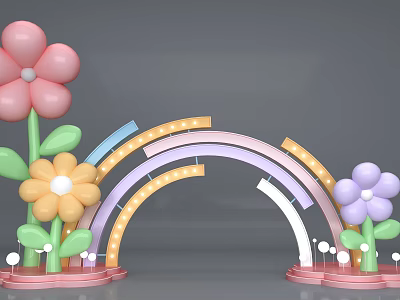 Colorful Event Entrance Arch With Rainbow Design Flowers Lights And Leaves 3d model
