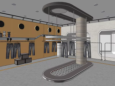 Modern Clothing Store Interior With Hanging Jeans Display Racks And Circular Structure 3d model