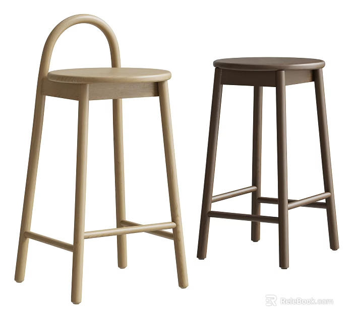 Minimalist Wooden Bar Stools With Round Seat And Light Dark Colors For Modern Space 3d model 