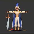 Animated 3D Character In White Outfit Blue Cape Feather Hat And Sword On Purple Carpet