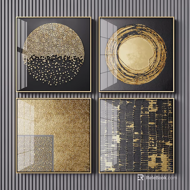 Four Panel Modern Abstract Wall Art With Gold Black Circular Patterns 3d model