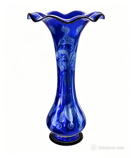 Elegant Blue Ceramic Vase with Intricate White Floral Patterns for Home Decor 3d model 