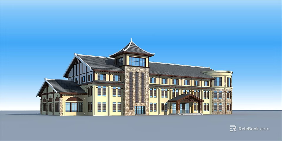 Traditional Chinese Style Multi Story Hotel Building With Yellow Brown Exterior And Stone Decoration 3d model 