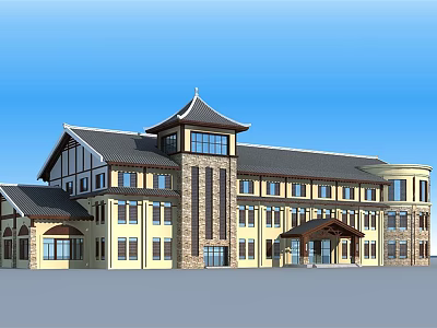 Traditional Chinese Style Multi Story Hotel Building With Yellow Brown Exterior And Stone Decoration 3d model