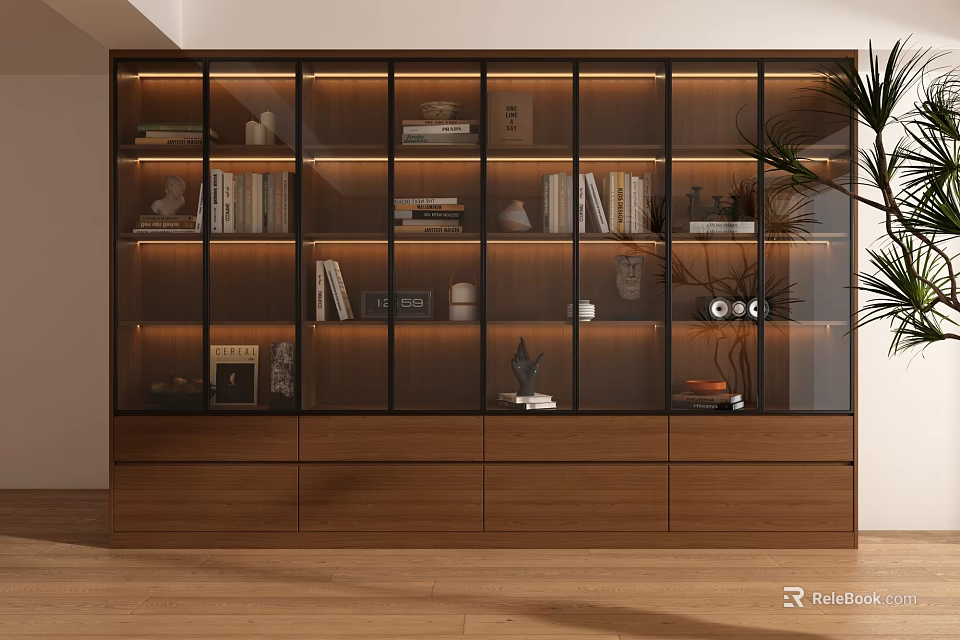 Modern Wooden Bookshelf With Glass Doors Built in Lighting Books Decorations And Bottom Drawers 3d model 