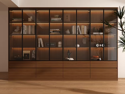 Modern Wooden Bookshelf With Glass Doors Built in Lighting Books Decorations And Bottom Drawers 3d model