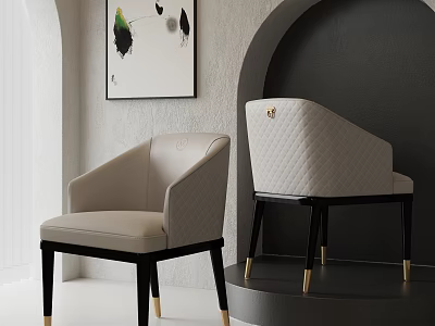 Elegant Modern Beige Leather Upholstered Dining Chairs With Black Legs And Gold Details 3d model