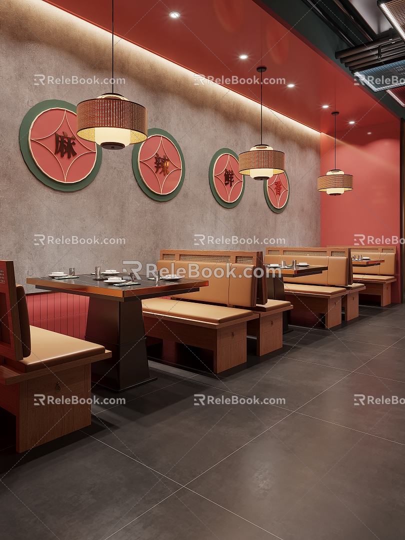 Chinese Restaurant Hot Pot Restaurant Chinese Restaurant Card Seat Dining Table and Chair Combination Hot Pot Table Hot Pot Induction Cooker Integrated Table Card Seat Sofa Rattan Dining Chair Tableware Chandelier 3d model