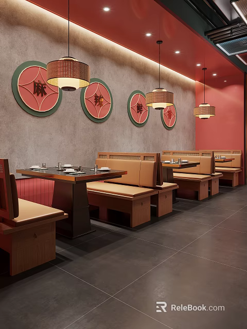 Traditional Hotpot Restaurant Interior With Circular Chinese Characters Warm Pendant Lights And Wooden Booths 3d model 