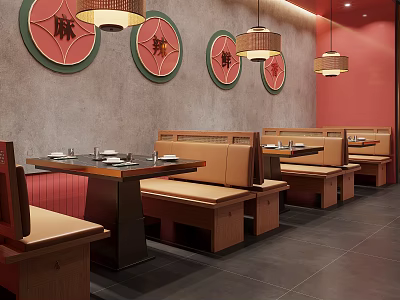 Traditional Hotpot Restaurant Interior With Circular Chinese Characters Warm Pendant Lights And Wooden Booths 3d model