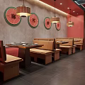 Traditional Hotpot Restaurant Interior With Circular Chinese Characters Warm Pendant Lights And Wooden Booths