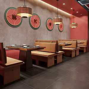Chinese Restaurant Hot Pot Restaurant Chinese Restaurant Card Seat Dining Table and Chair Combination Hot Pot Table Hot Pot Induction Cooker Integrated Table Card Seat Sofa Rattan Dining Chair Tableware Chandelier 3d model