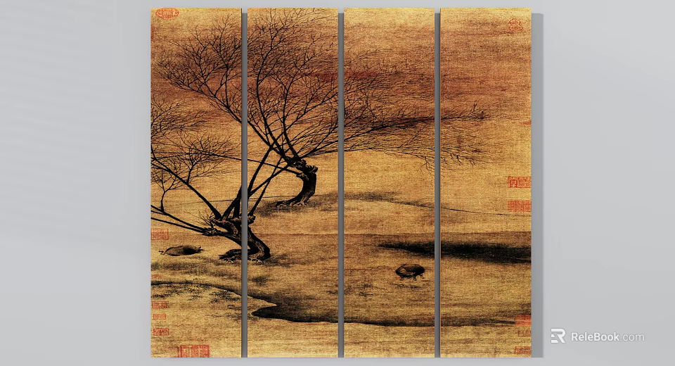 Traditional Chinese Landscape Painting With Bare Bent Trees Yellow Background Small Animal And Red Seals 3d model 