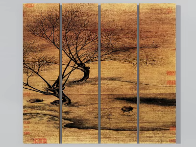 Traditional Chinese Landscape Painting With Bare Bent Trees Yellow Background Small Animal And Red Seals 3d model