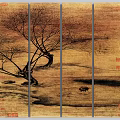 Traditional Chinese Landscape Painting With Bare Bent Trees Yellow Background Small Animal And Red Seals