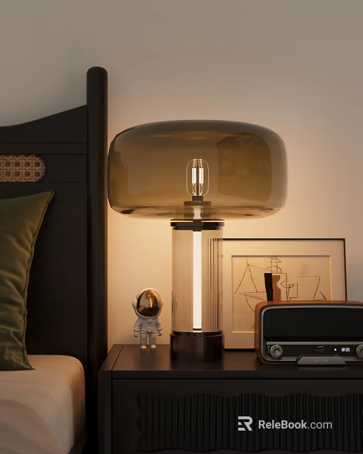 Amber Glass Table Lamp With Transparent Base On Bedroom Bedside Table 3d model 