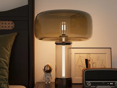 Amber Glass Table Lamp With Transparent Base On Bedroom Bedside Table 3d model