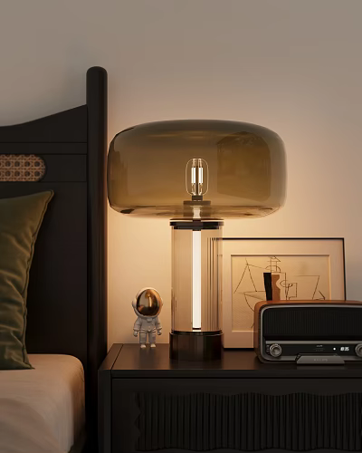 Amber Glass Table Lamp With Transparent Base On Bedroom Bedside Table 3d model
