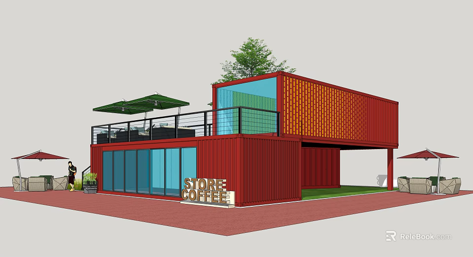 Industrial Equipment Red Container Featuring Balcony Glass Doors Green Plants And Store Cafe 3d model 