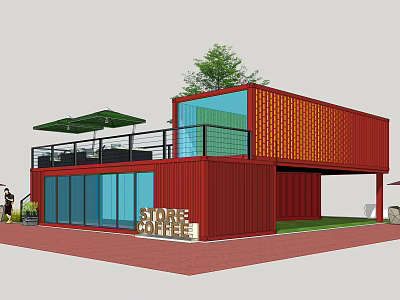 Industrial Equipment Red Container Featuring Balcony Glass Doors Green Plants And Store Cafe 3d model
