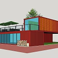 Industrial Equipment Red Container Featuring Balcony Glass Doors Green Plants And Store Cafe