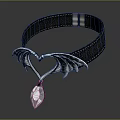 Stylish Black Leather Collar Necklace With Silver Heart And Wings Design Featuring Clear Teardrop Gemstone