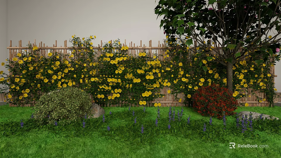 Decorative Garden Wall With Wooden Fence Covered In Yellow Flowers And Green Plants 3d model 