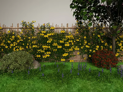 Decorative Garden Wall With Wooden Fence Covered In Yellow Flowers And Green Plants 3d model