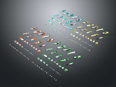Colorful Small Toy Cars Arranged In Rows With Various Colors On Dark Background 3d model