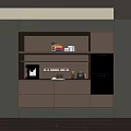 Modern Brown Sideboard with Open Shelves Drawers Built-in Ovens and Decorative Items in Minimalist Space