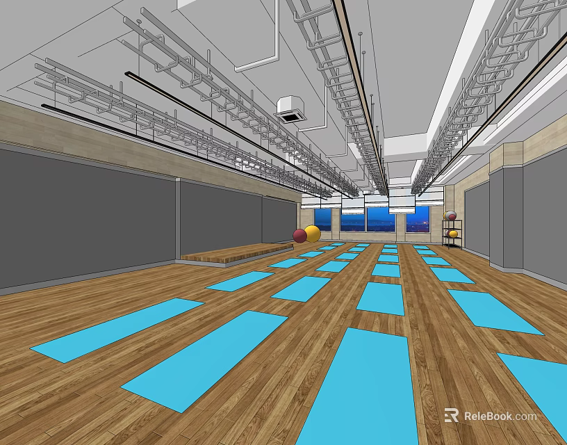Fitness Studio With Blue Yoga Mats On Wooden Floor Exercise Balls And Gray Walls 3d model 