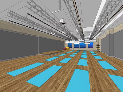 Fitness Studio With Blue Yoga Mats On Wooden Floor Exercise Balls And Gray Walls 3d model