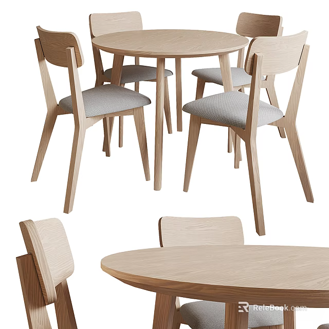 Modern Light Wood Dining Table Set With Four Chairs And Upholstered Seats 3d model