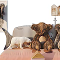 Stuffed Teddy Bears Polar Bear Sheep Dolls With Building Blocks Small Houses On Pink Bed