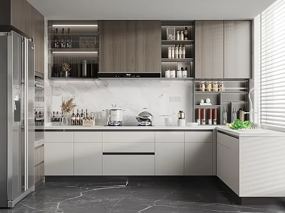 Modern Kitchen Interior Design With Wooden Cabinets Marble Countertop And Stainless Steel Refrigerator 3d model
