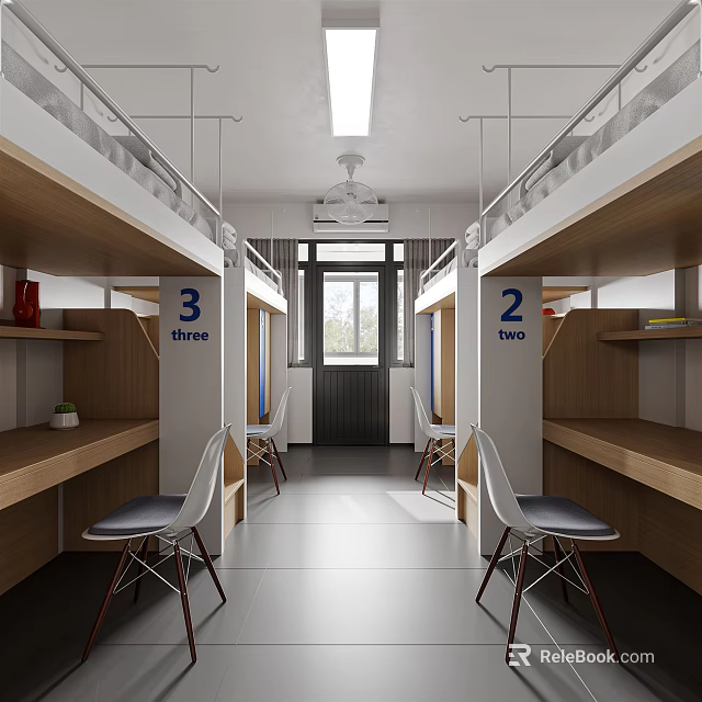 Dormitory Interior With Bunk Beds Numbered Areas Desks Chairs And Window 3d model 