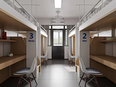 Dormitory Interior With Bunk Beds Numbered Areas Desks Chairs And Window 3d model