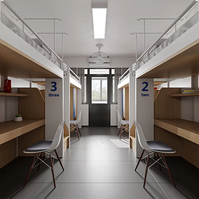 Dormitory Interior With Bunk Beds Numbered Areas Desks Chairs And Window 3d model