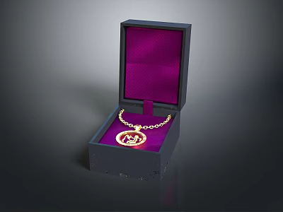 Elegant Gold Necklace With Decorative Pendant In Black Box Purple Lining 3d model